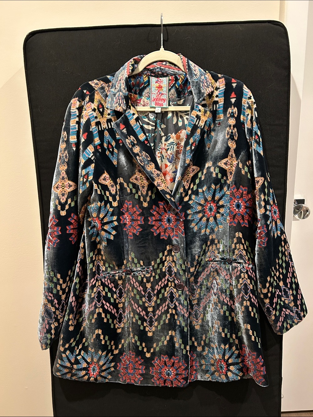 Johnny Was Black Velvet Floral Geometric Blazer with Blue & Red Accents